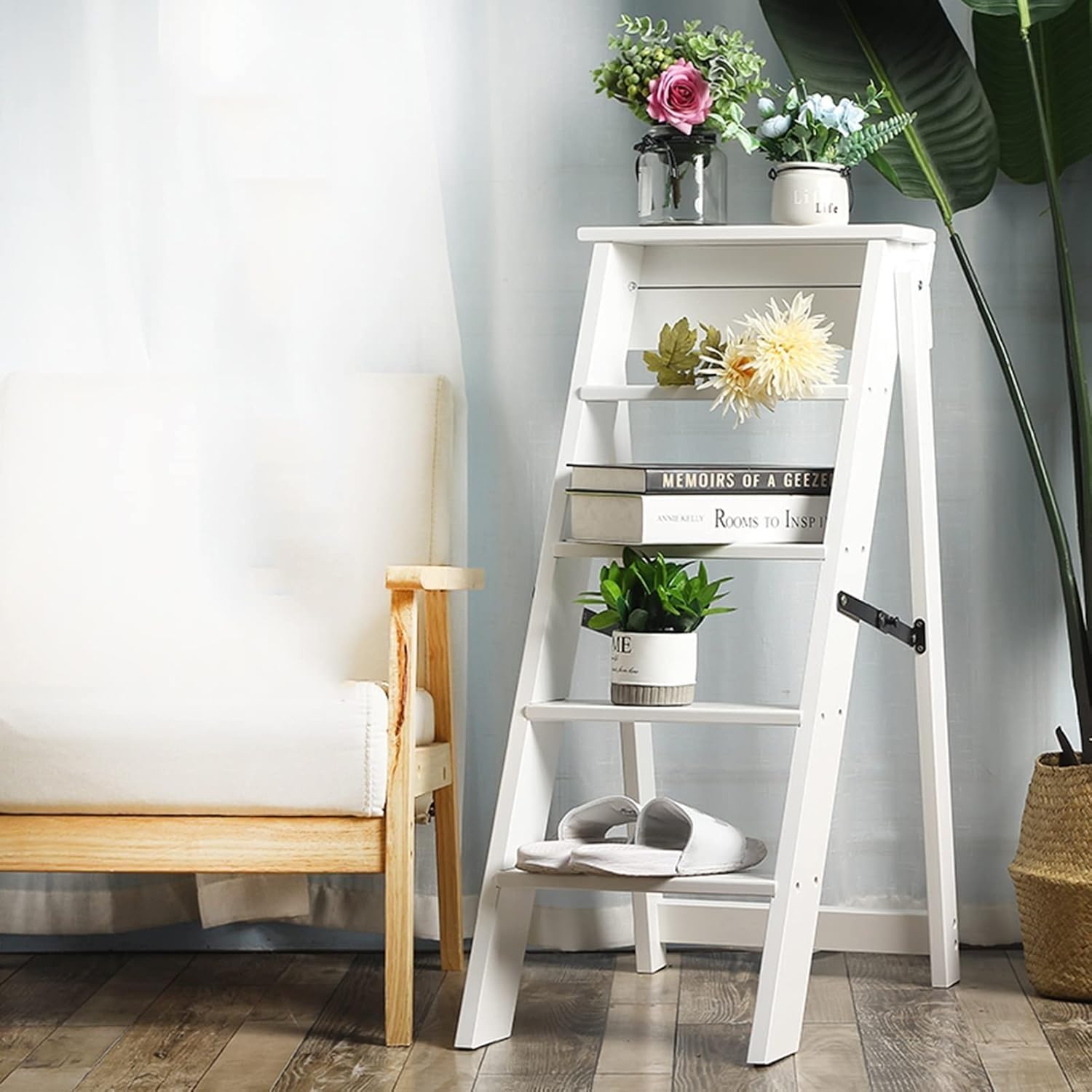 Wooden Folding 5 Step Stool Ladder Chair Portable Multifunctional Library Steps for Bookshelf Display