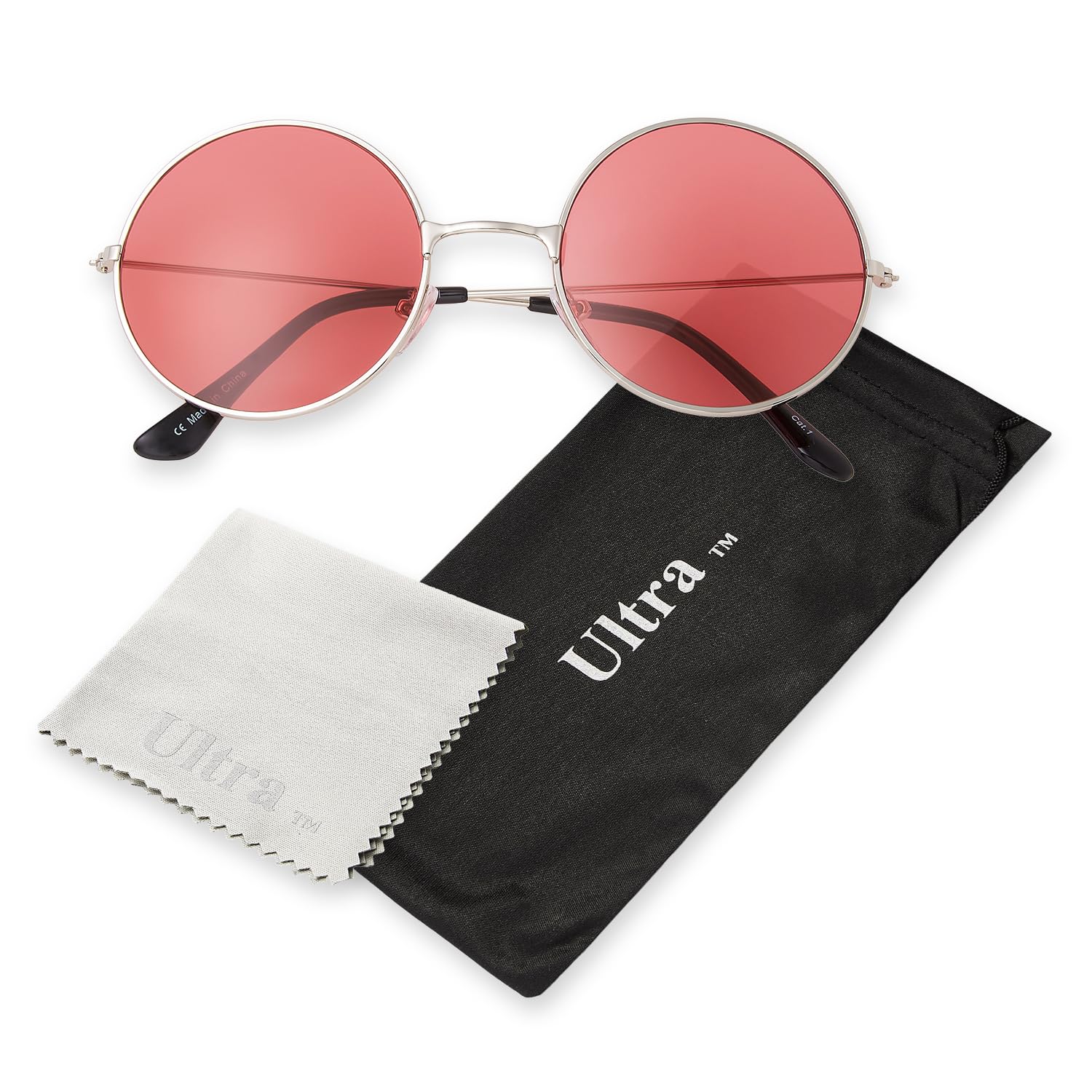 Ultra Large Round Retro Sunglasses UV400 - Large Circle Unisex Metal Frame with Spring Hinges, Carry Pouch & Cleaning Cloth Mens Womens Shades - Silver with Red Lenses