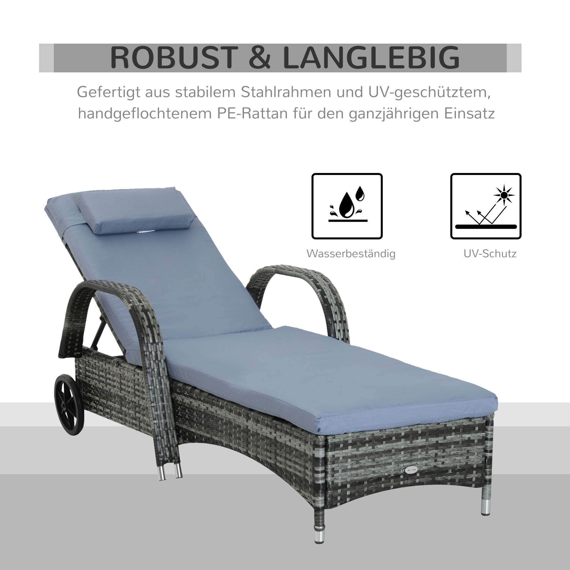 Outsunny Gartenliege Neigbarer Rückenlehne 200 x 73 x 30-103 cm Grau