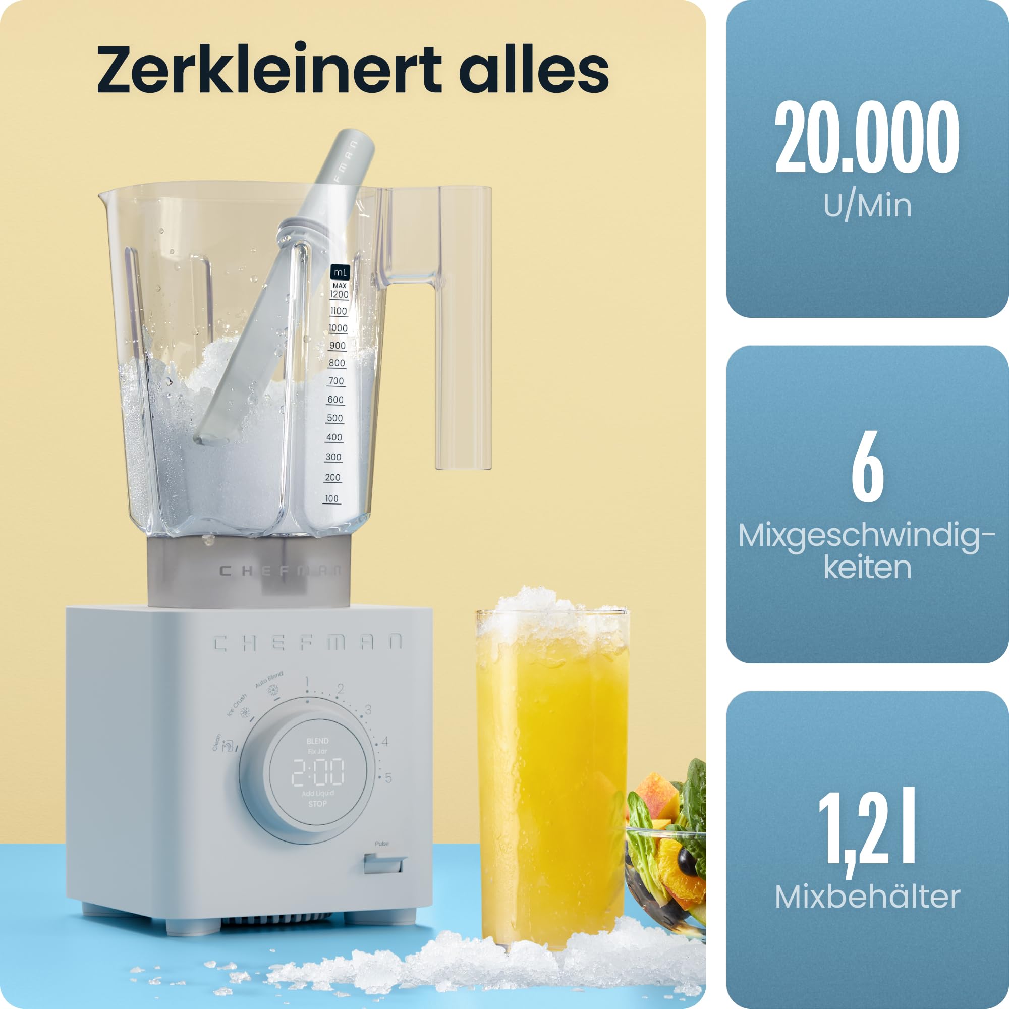 Chefman Obliterator Standmixer 1,2L 1350W, zerkleinert Eis & Früchte | für Smoothies, Edelstahlklinge, Auto-Blend, inkl. 600ml Reisebehälter, Betongrau