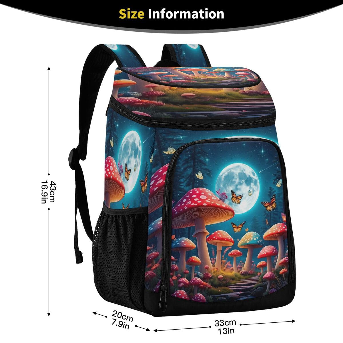 Butterfly Mushroom Moon Blue Cooler Backpack Leakproof Insulated Lunch Cooler Bag 30 Cans Camping Backpacks for Road Trip Picnic Beach