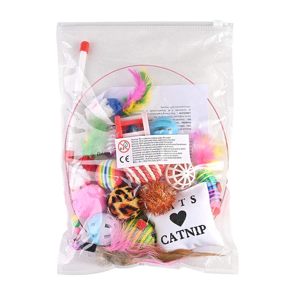 GOLDGE Jouets Chat Interactif, 16 pièces Jouets Chat, Souris, Balles, Baguettes de Plumes pour Kitty interactifs