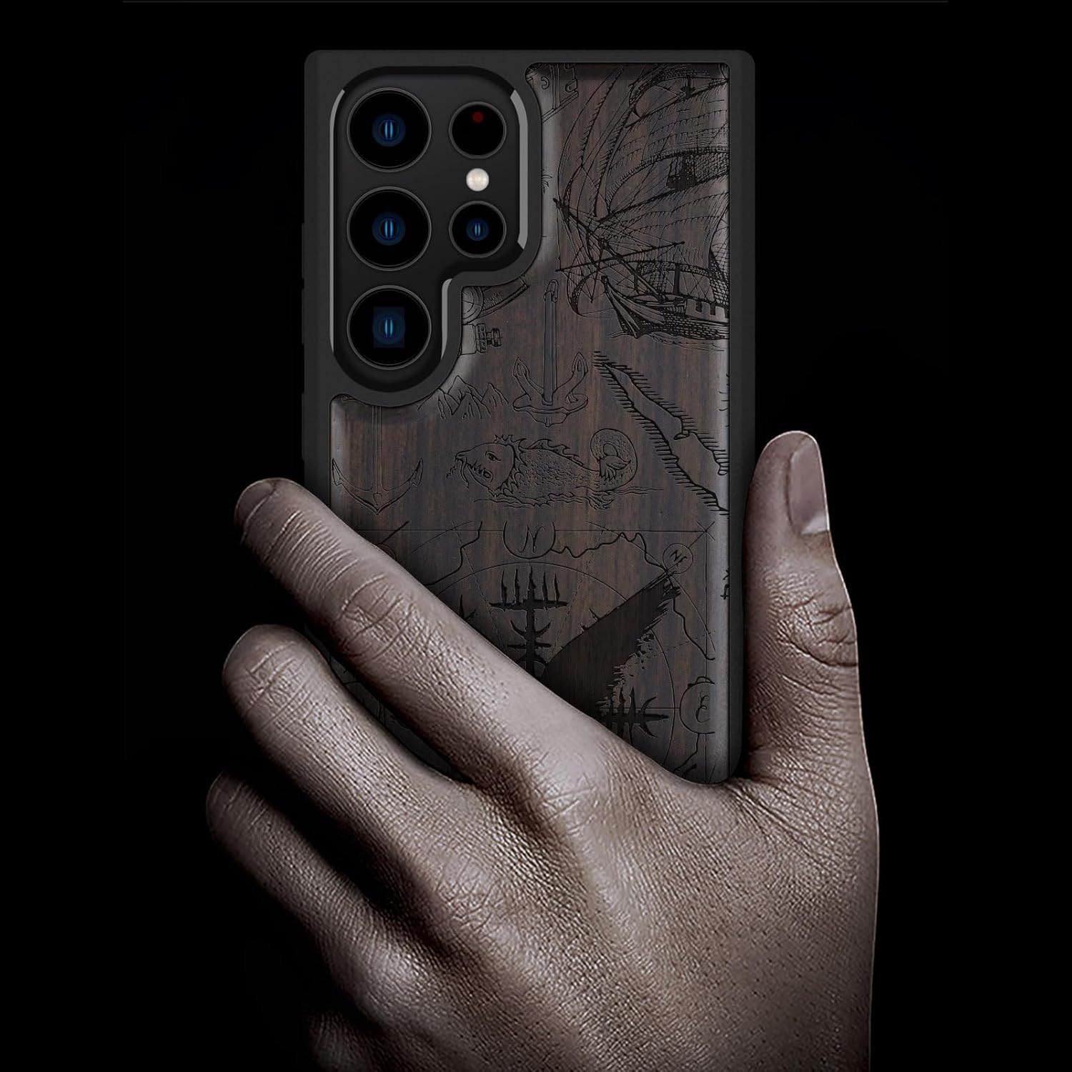 Carveit Wood Case for Galaxy S23 Ultra Case [Natural Wood & Black Soft TPU] Shockproof Protective Cover Unique Wooden Design Compatible with Samsung S23 Ultra (Vegvisir-Blackwood)