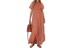 Womens Floral Summer Casual Flutter Short Sleeve Crew Neck Smocked Tiered Long Dresses