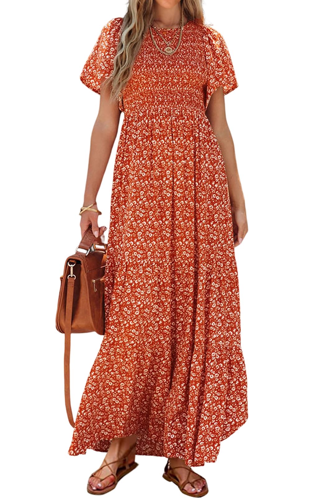 PRETTYGARDEN Women's 2026 Spring Casual Flutter Short Sleeve Boho Floral Maxi Dress Crew Neck Smocked Tiered Long Dresses, Orange, XXL