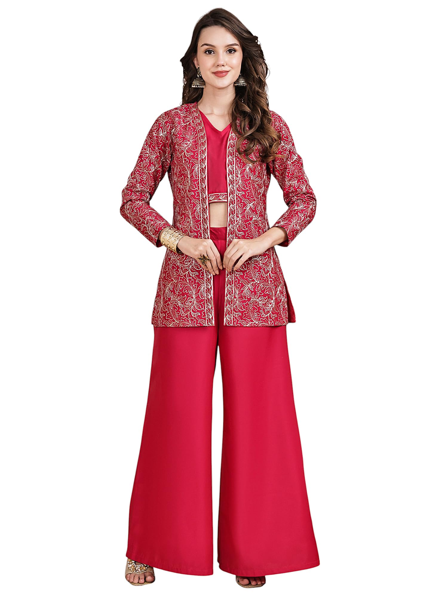Women's Pink Embroidered Jacket with Palazzo and Top Cord Set, Traditional Indian Ethnic Wear-image-36
