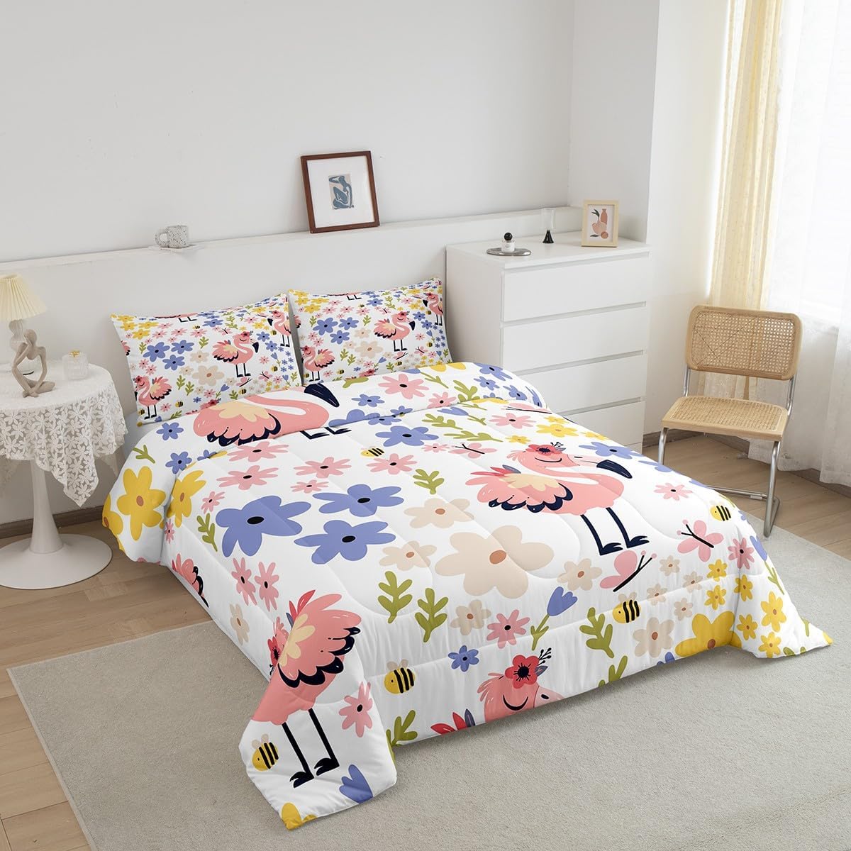 Erosebridal Kawaii Flamingo Bedding Set,Cute Zoo Animal Queen Comforter Set for Kids Teens Adults,Doodle Flower Duvet Set Bedroom Decor,Wildlife Quilt Set with 2 Pillowcases
