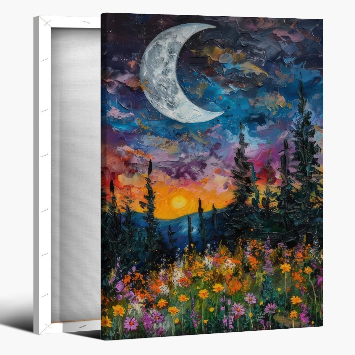 WLZWD Full Moon Above Pine Tree Woodland & Wildflowers Art Canvas Print Cottagecore flowers Decor Magical Nature Oil Painting Poster for Living Room