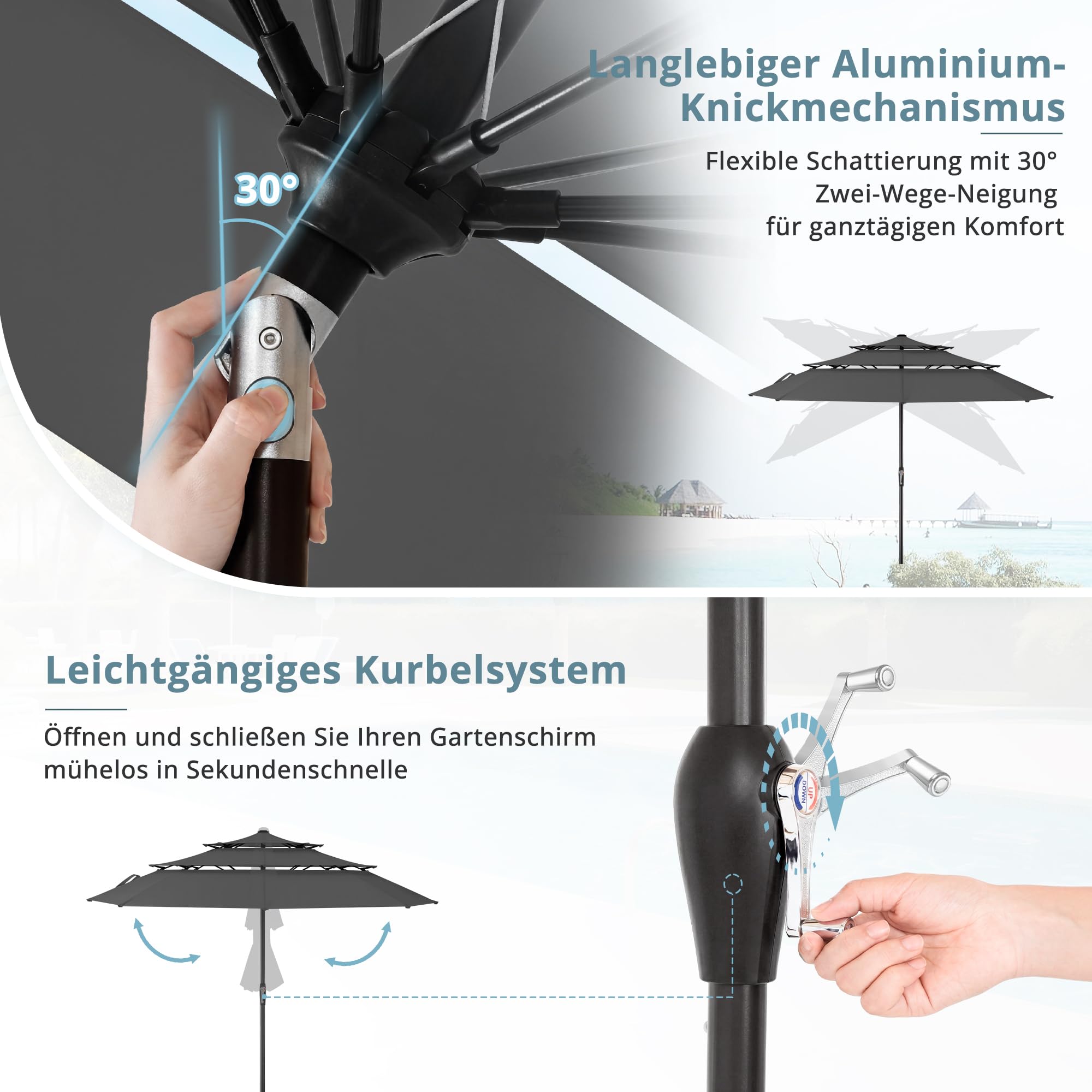 LUE BONA Sonnenschirm Ø300 cm,Sonnenschirm mit 3-Stufges Belüftetes Dach,Knickbar Marktschirm Windfest mit 8 Glasfaserstreben & Kurbel,UPF 50+ Terrassenschirm für 8 Personen,Anthrazit (Ohne Sockel)