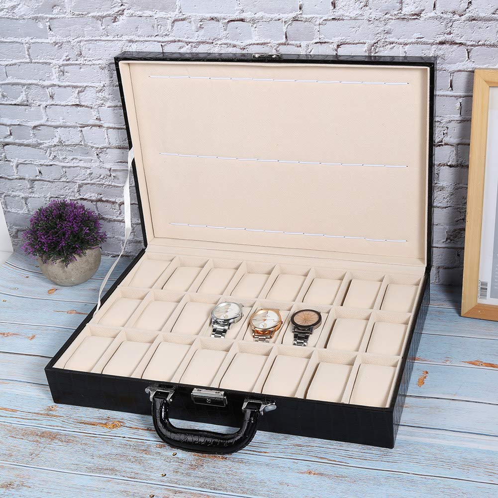KIMISS Vetrina per Orologi con 12 Slot - Valigia Portaoggetti con 24 Griglie Organizer per Grandi Spazi in Pelle PU con Chiave - Porta Gioielli