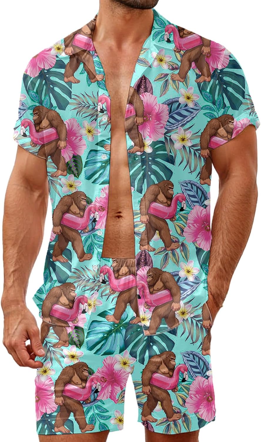 HUGLAZY Mens Funny Hawaiian Shirt and Shorts Bigfoot Duck Alien Print 2 Piece Outfit Beach Party Summer Set