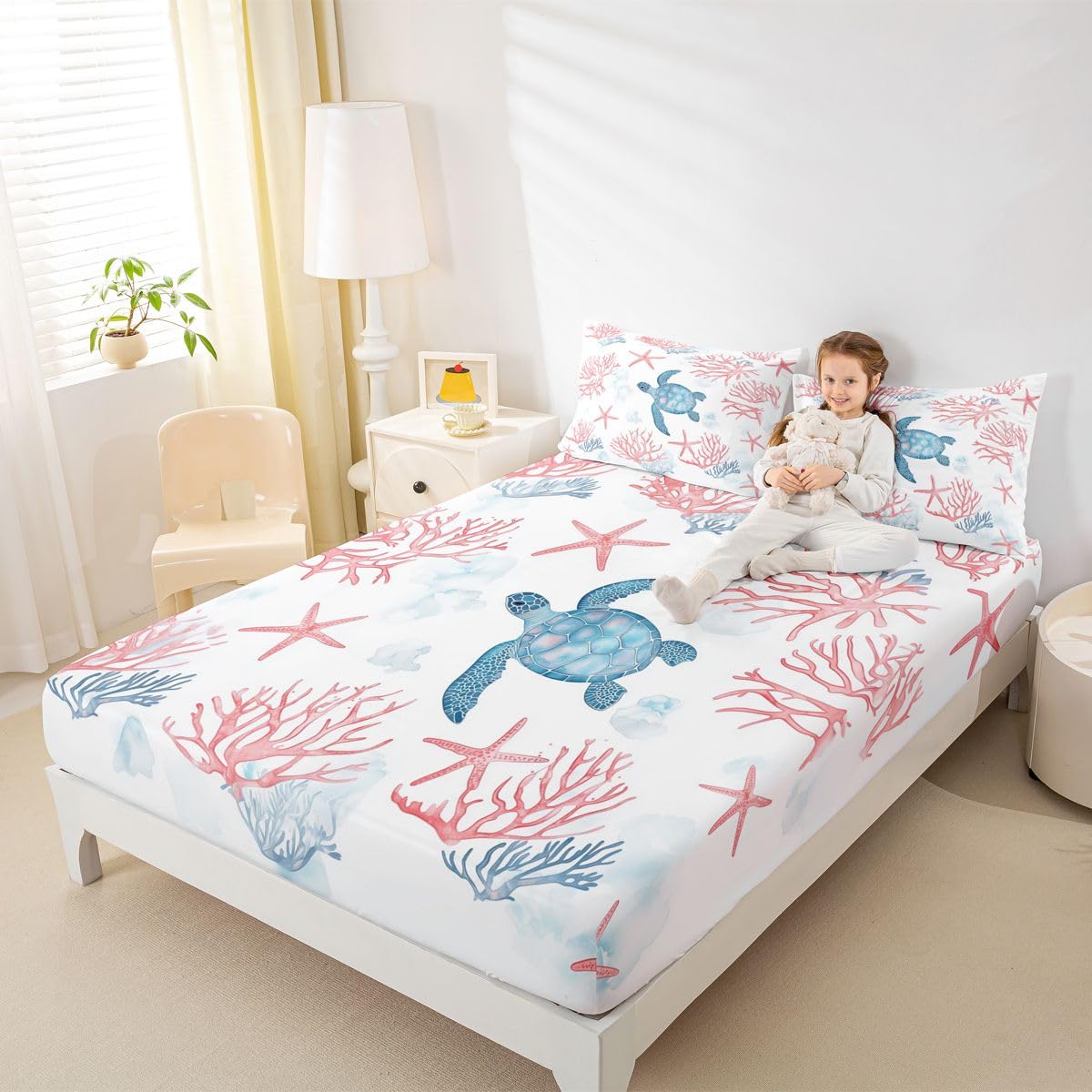 Manfei Sábana bajera ajustable de tortuga marina, tamaño King, juego de ropa de cama tropical hawaiana, 3 piezas, sábanas de estrella de mar coral con 2 fundas de almohada, decoración de habitación de