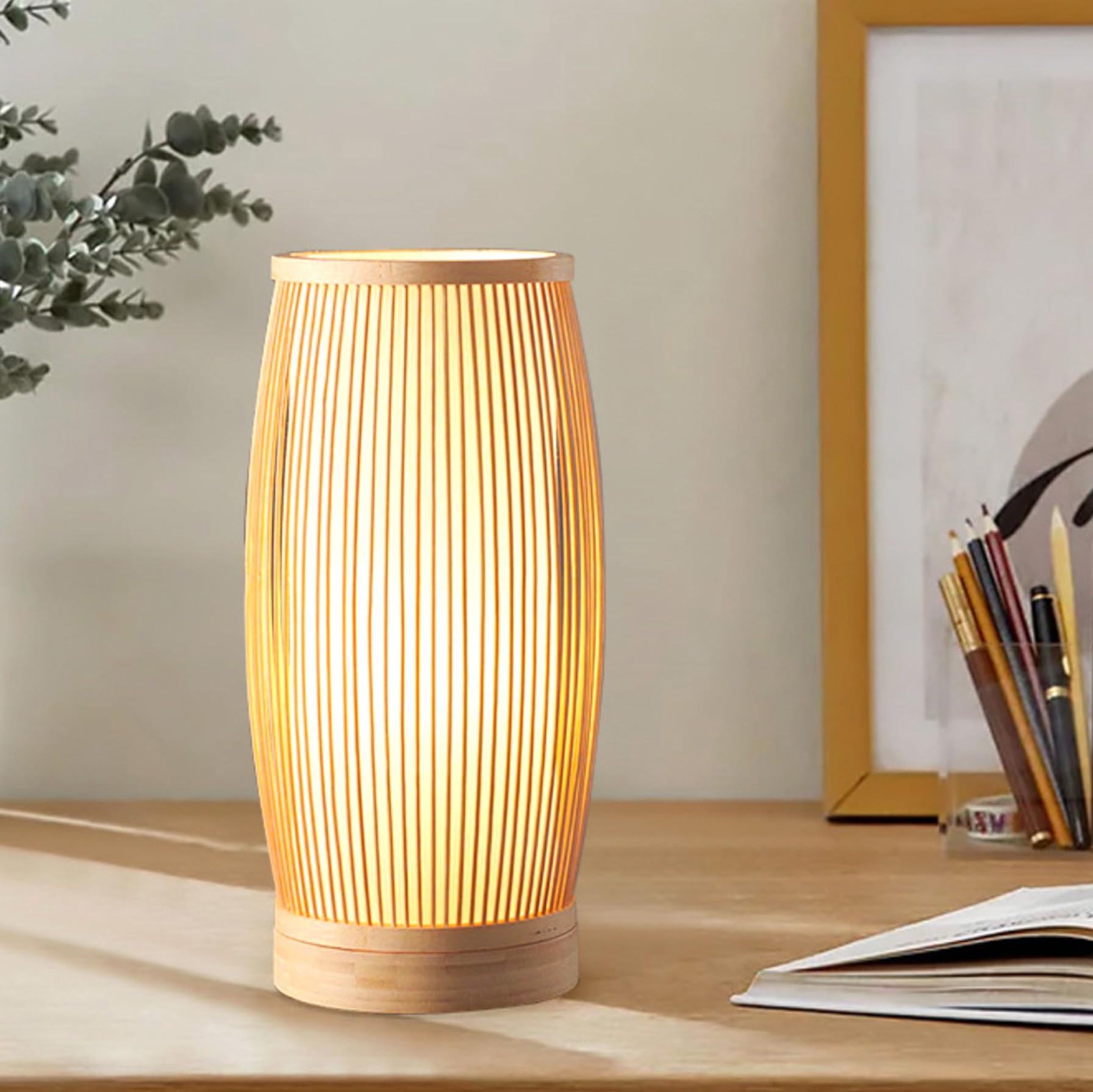 Lampada da tavolo in bambù lanterna decorativa illuminazione da tavolo rustica luce notturna lampada da comodino luce d'atmosfera per camera da letto, soggiorno, ristorante