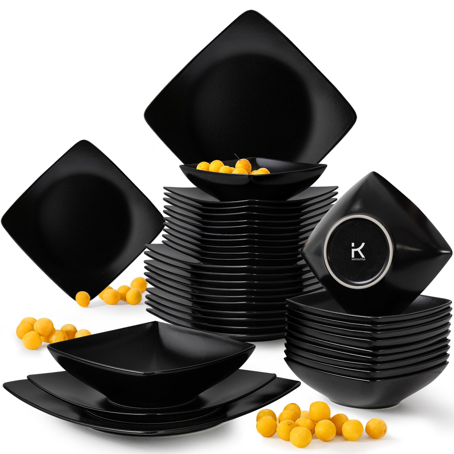 KONSIMO EPIRI Geschirrset 6 Personen, 18-teiliges Tafelservice aus Steinzeug – Modernes Teller Set mit Speisetellern, Frühstückstellern & Schalen Geschirr Set (Schwarz Matt, für 12 Personen) Küche, Haushalt & Wohnen
