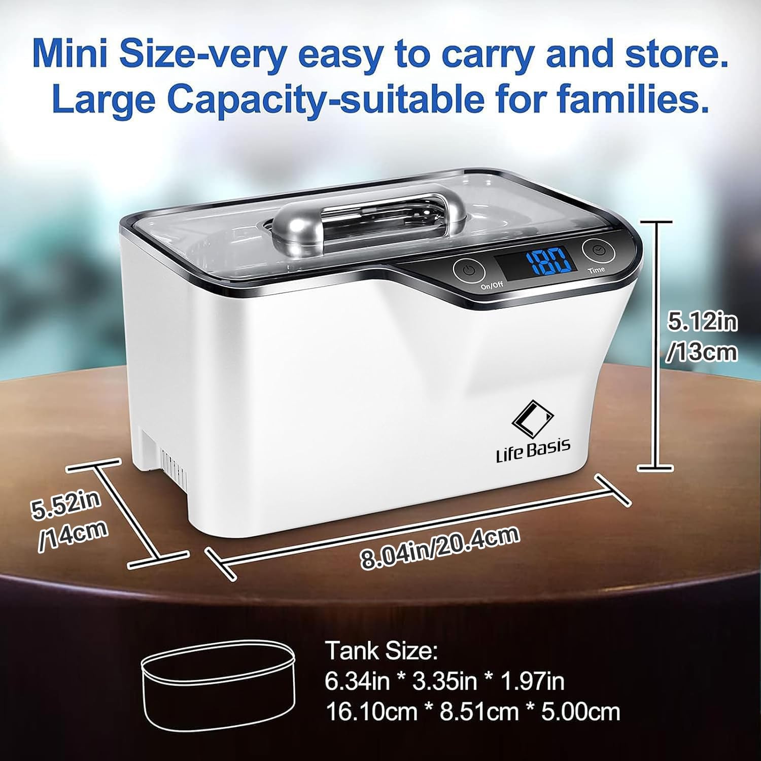 Urządzenie do czyszczenia ultradźwiękowego 48000Hz, LifeBasis 600ML, z funkcją odgazowania i 5 ustawieniami czasowymi do czyszczenia okularów, biżuterii, protez zębowych, zegarków