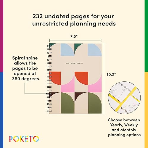 Miniatura 3 de Poketo Agenda diaria semanal y mensual con arcos grandes fecha abierta 12 meses encuadernado en espiral 75 x 103 pulgadas