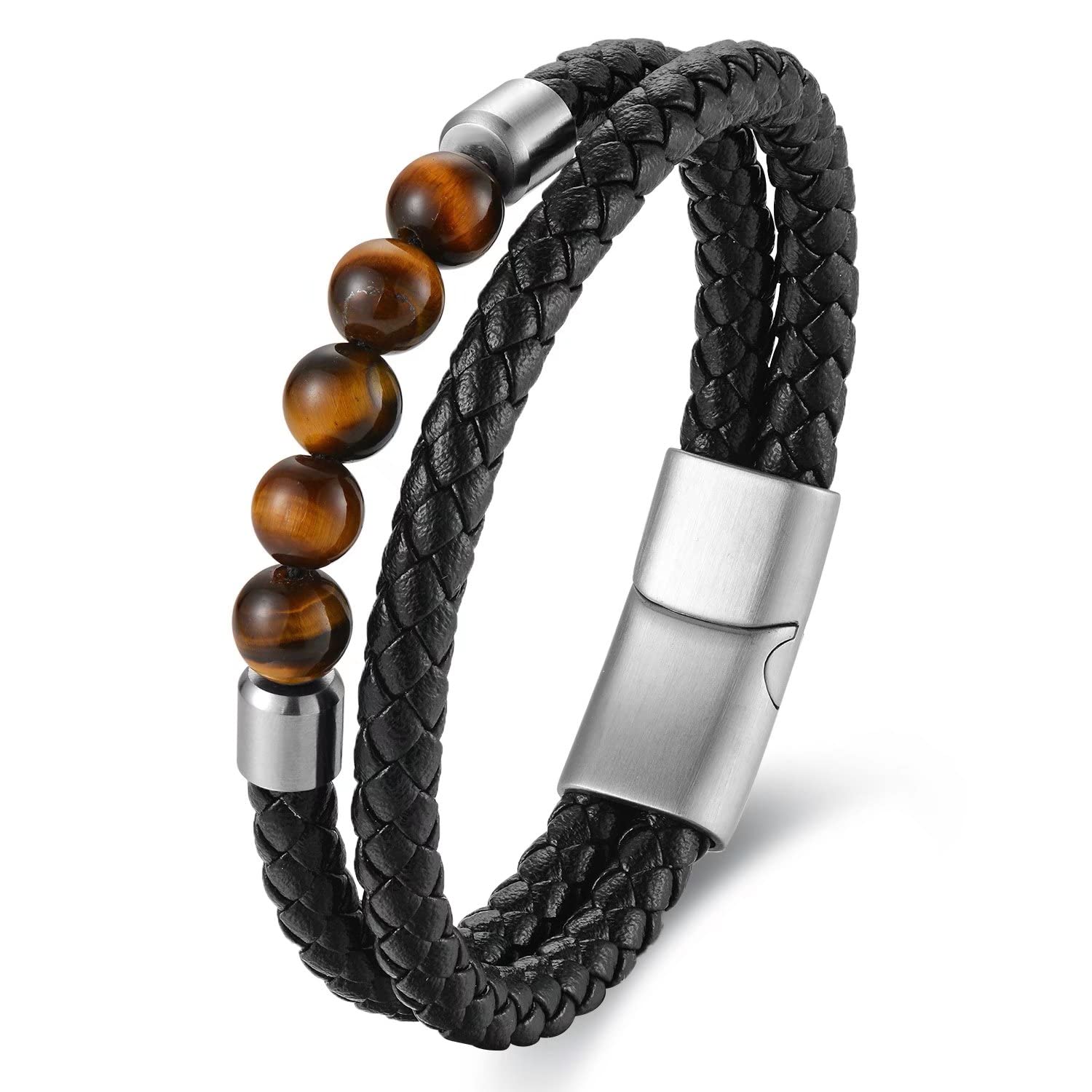 BIYONGDE Mens Black Leather Bracelet with 8MM Onyx Beads, Classic Black Leather Beaded Bracelet for Men, Minimalist and Urban Style