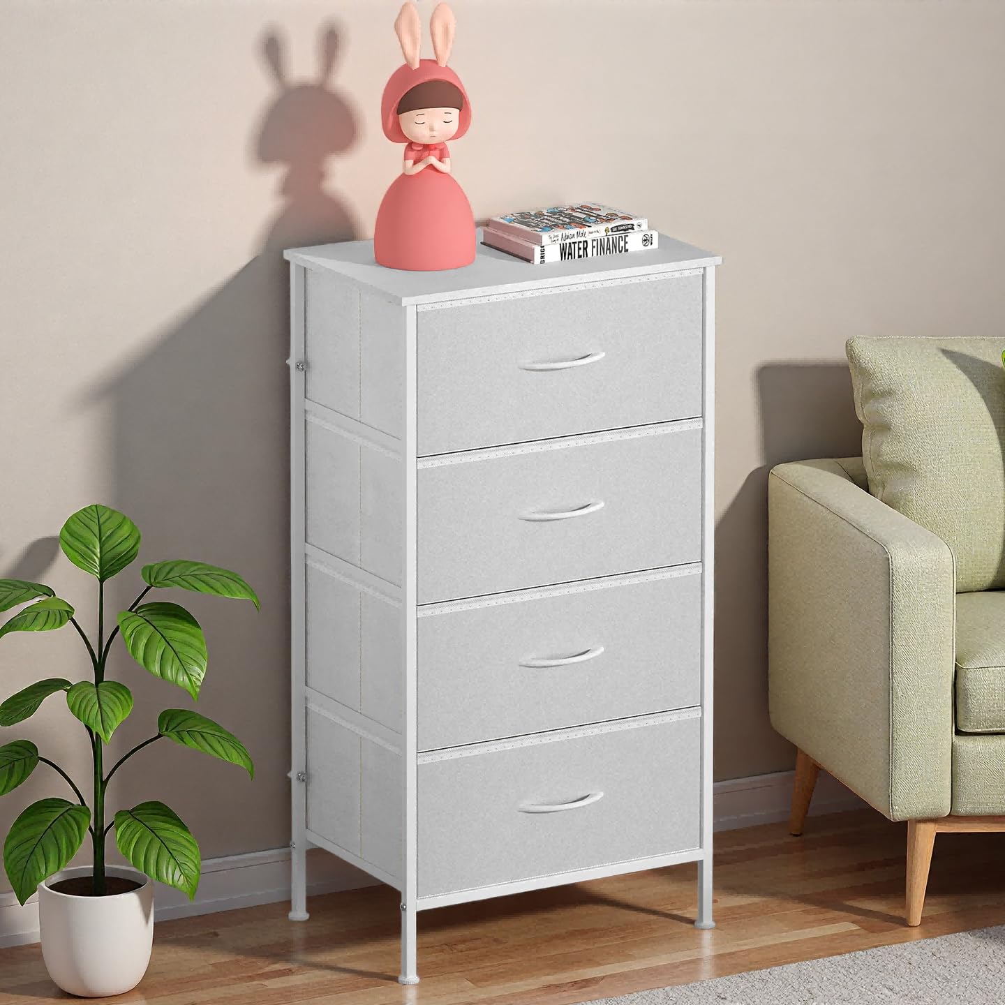 KU Syang Bedroom 4-Drawer Chest Storage Unit, MDF Top Adjustable Feet Anti-Tip Design for Bedroom Living Room, Size 45x30x91cm (17.7x11.8x35.8in), White