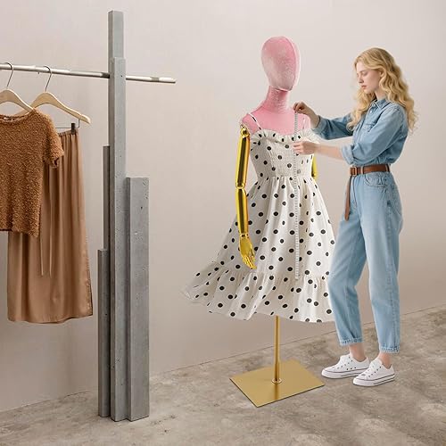 Miniatura 3 de Torso de maniquí femenino con cabeza y brazos, altura ajustable de 59 a 79 pulgadas, forma de vestido de terciopelo galvanizado rosa en base de