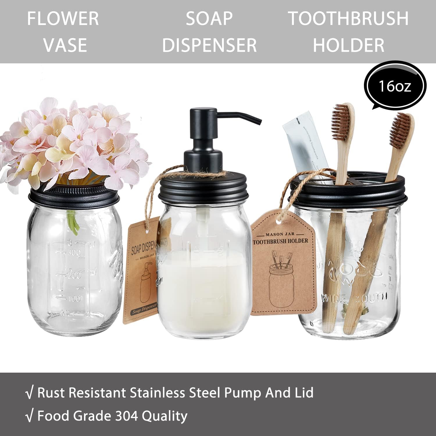 SheeChung 8 Pcs Mason Jar Bathroom Accessories Set, Qtip Holder, Vanity Tray & Soap Dispenser and Toothbrush Holder Set, Farmhouse Bathroom Set