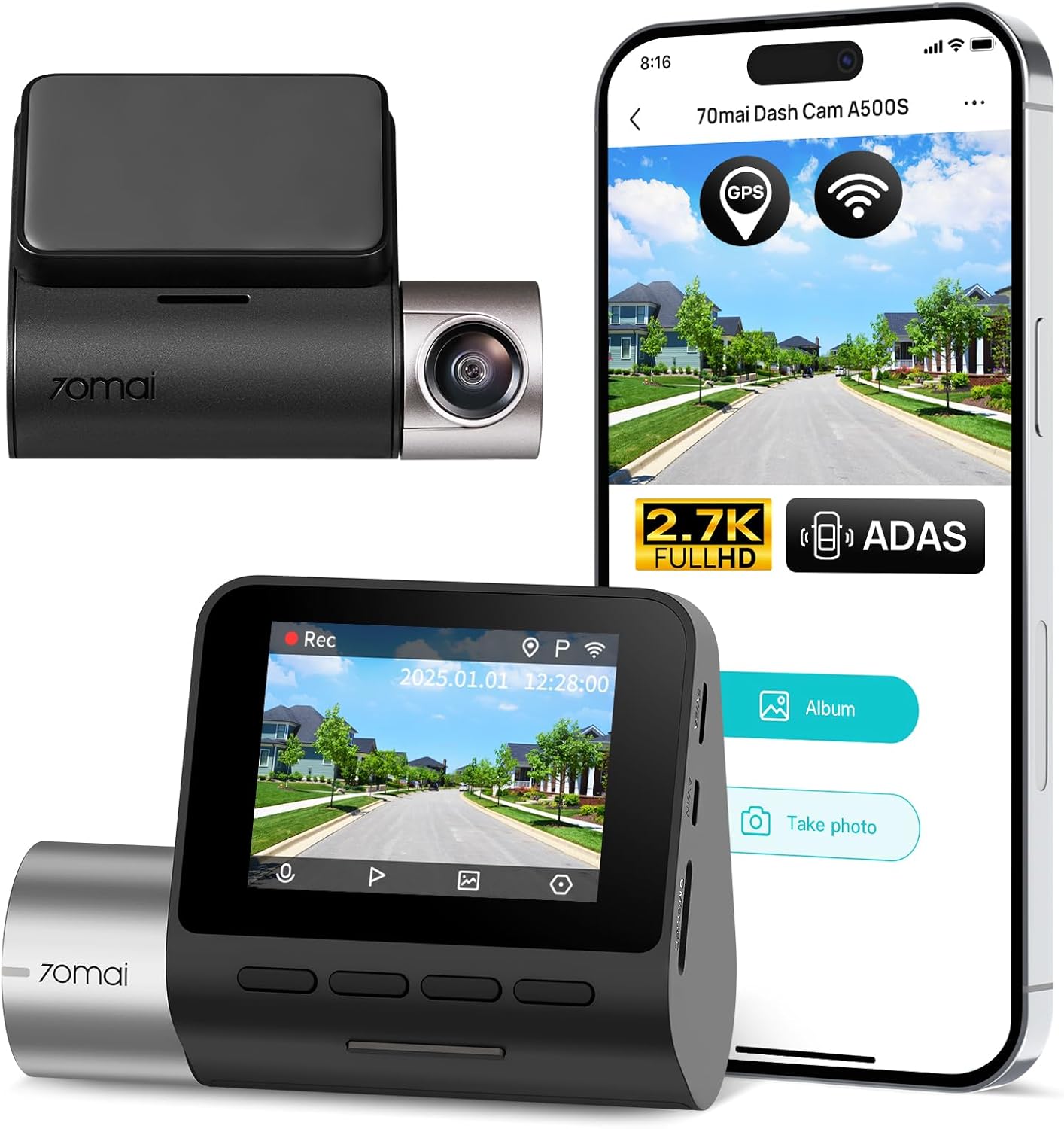 70mai 2.7K Dash Cam Front A500S, 1944P Dash Camera for Cars with Sony IMX335, Dashcam Built-in WiFi GPS, Optional Rear Dashcam, ADAS, 2'' IPS LCD Screen, 24H Parking Mode, WDR, Super Night Vision