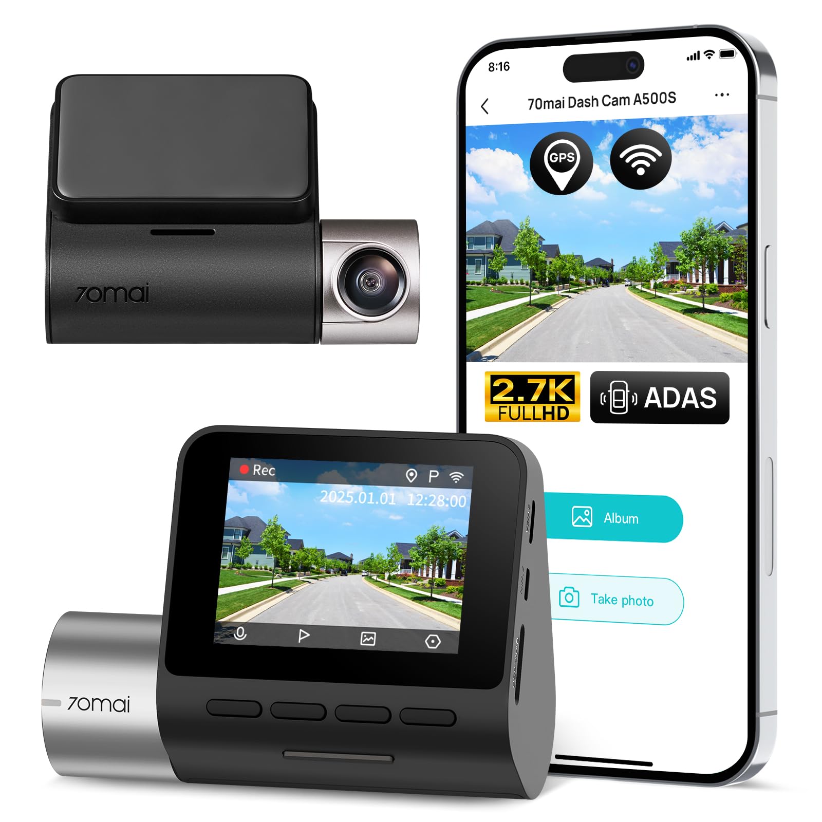 2.7K Dash Cam Front A500S, 1944P Dash Camera for Cars with Sony IMX335, Dashcam Built-in WiFi GPS, Optional Rear Dashcam, ADAS, 2'' IPS LCD Screen, 24H Parking Mode, WDR, Super Night Vision