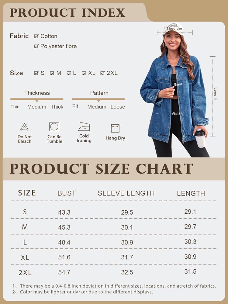 Tankaneo Womens Oversized Denim Jackets Casual Zip up Spring Long