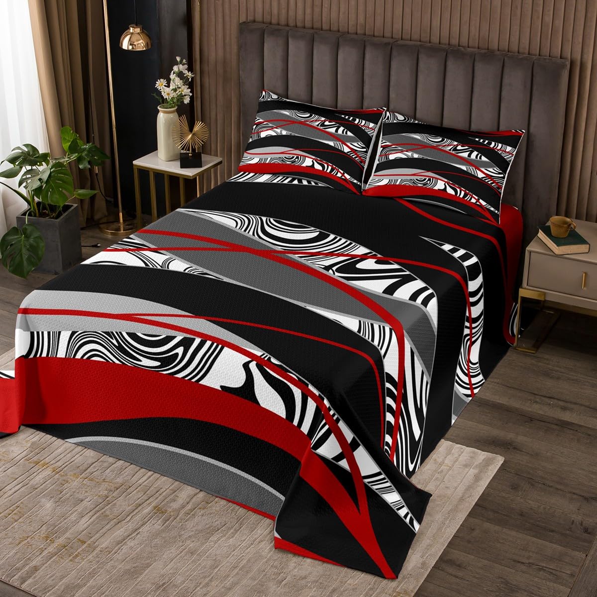 Red Black White Bedding Set Queen Size,Abstract Artistic Lines Bedspread 3Pcs,Geometric Swirl Comforter Set for Kids Teens Girls Woman Bedroom Decor,Modern Chic Quilt Coverlet,2 Pillowcases
