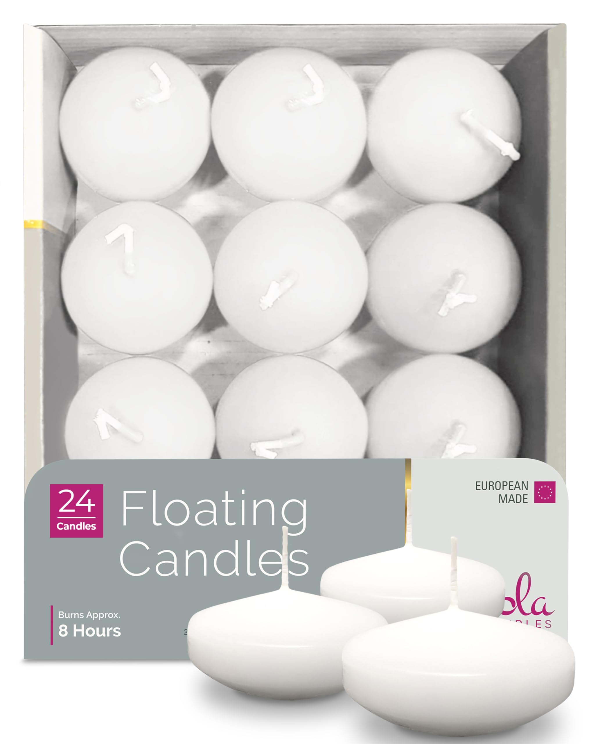 Hyoola Velas Flotantes Agua Premium Blanco - Velas Decorativas Paquete de 24 - Velas Larga Duración, 8 Horas de Combustión - 75 mm - Hecho en Europa