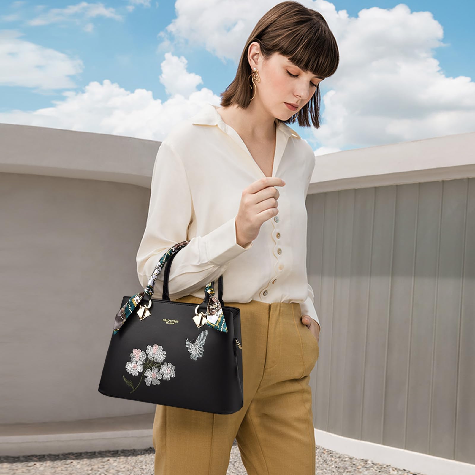 NICOLE & DORIS Sac à Main Femme à la Mode Sac Bandoulière Elégant Sac a Main Porté Epaule PU Cuir Sac D'épaule Impermeable Sac Pochette Avec Fleur Broderie