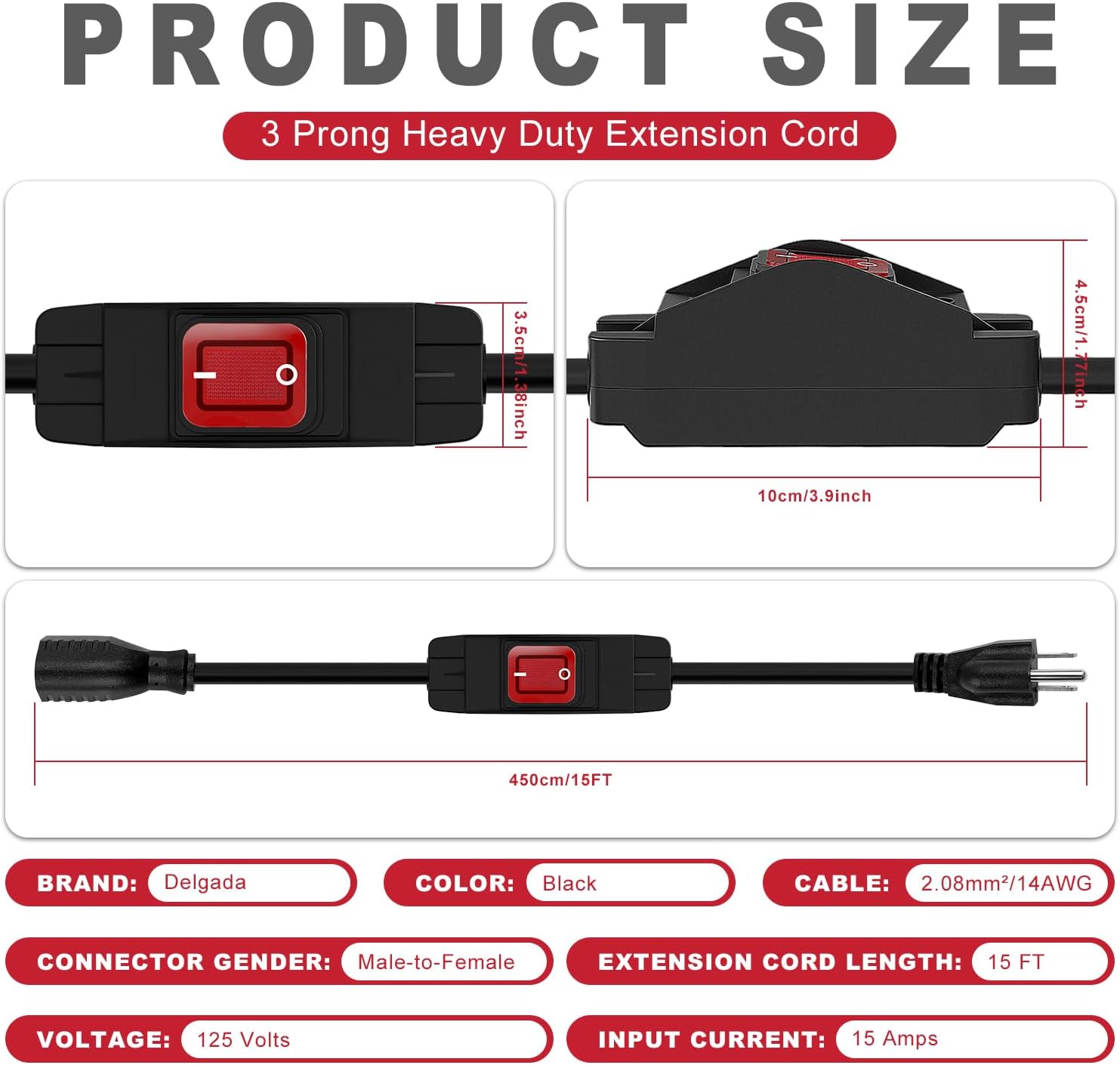 Delgada 15Ft Waterproof Extension Cord with Outdoor Power Switch - 125V 15A 1875W 14AWG UL Listed for Holiday Lights, Pumps, Lamps