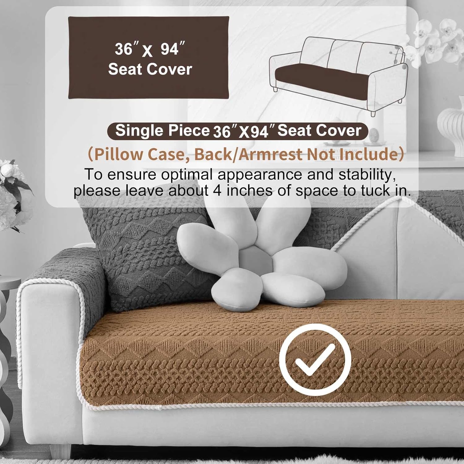 Soft Plush Couch Cover, Non Slip Fluffy Sectional Sofa Covers for 3 Cushion Couch Sofa L Sharped Sofa Slipcover for Pets, Furniture Protector (1 PCS 36"x94" Khaki)