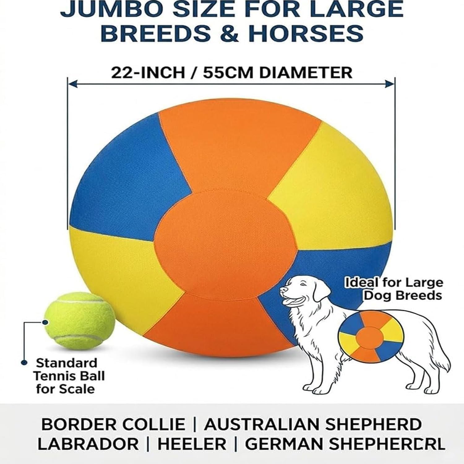 The Mellow Dog Calming Jumbo Ball for Dogs, Giant Herding Ball for Dogs, Durable Tear-Resistant Inflatable Big Ball with Handle Cover & Pump for Play & Exercise Dogs (9.8 in)