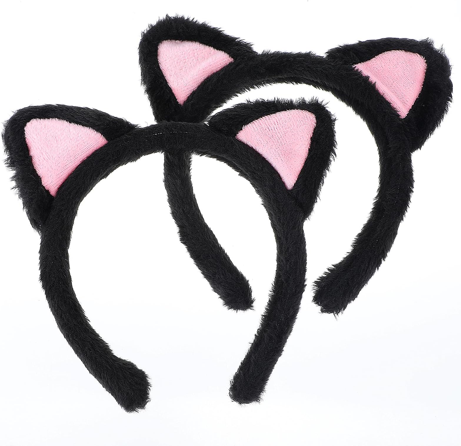 2Pcs Cat Ears Headband, Plush Soft Washing Face Head band with Pink Inner Ears Fuzzy Kitten Headwear Black Cat Ears Hairband for Makeup Skincare Cosplay Shower Animal-Themed Party