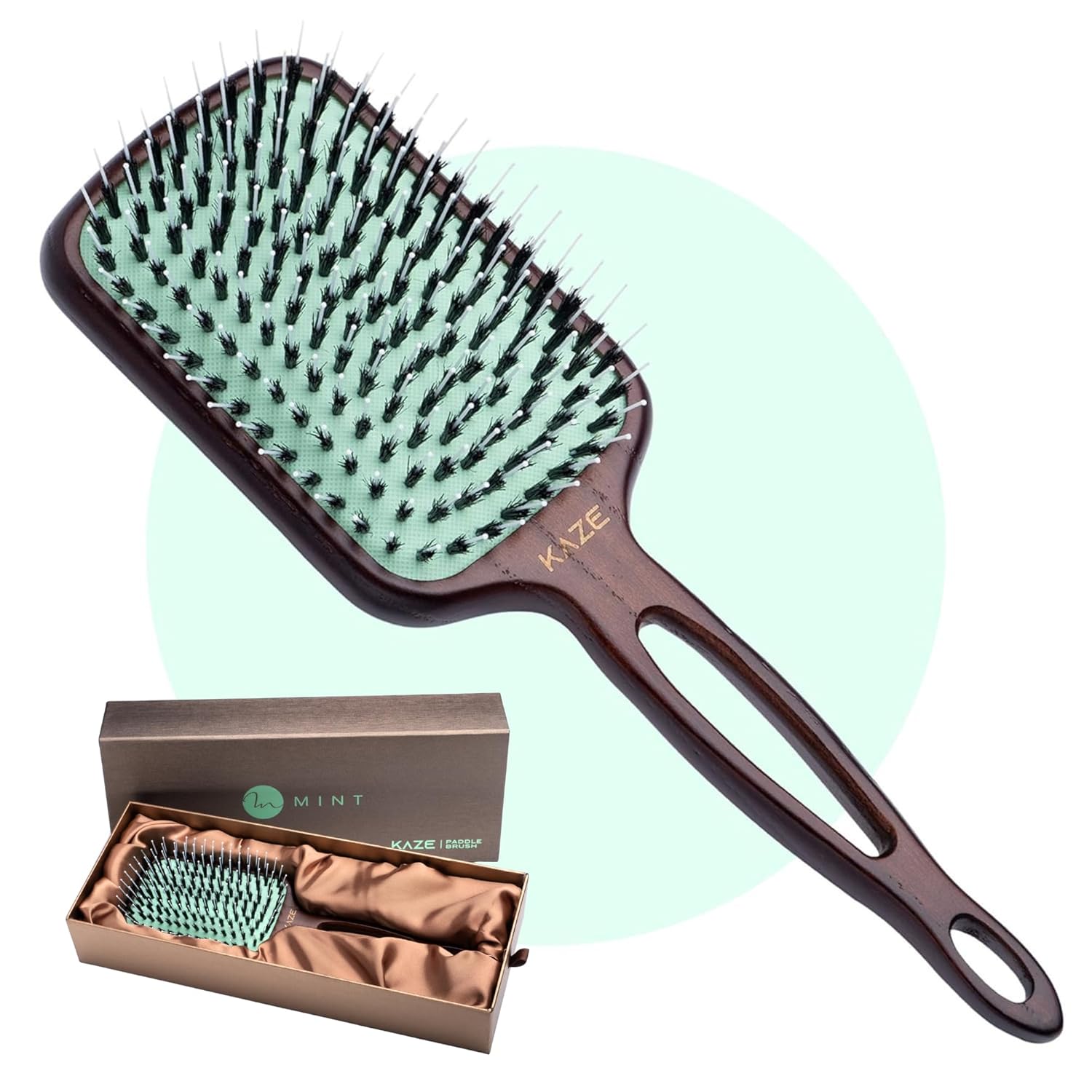 Eco-Friendly Boar Bristle Paddle Hair Brush for Women by MINT | Anti-Breakage Detangling Brush Great for Color-Treated Hair, Extensions and All Hair Types | Hand-Crafted Wooden Handle
