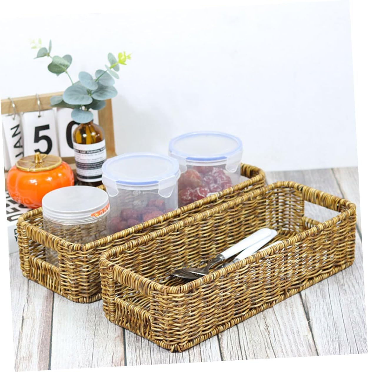 BESTYASH 2pcs Rectangle Woven Rattan Storage Baskets Pantry Organizing Baskets for Kitchen Counter Bathroom Office Versatile Handwoven Storage with Capacity and Rustic Style