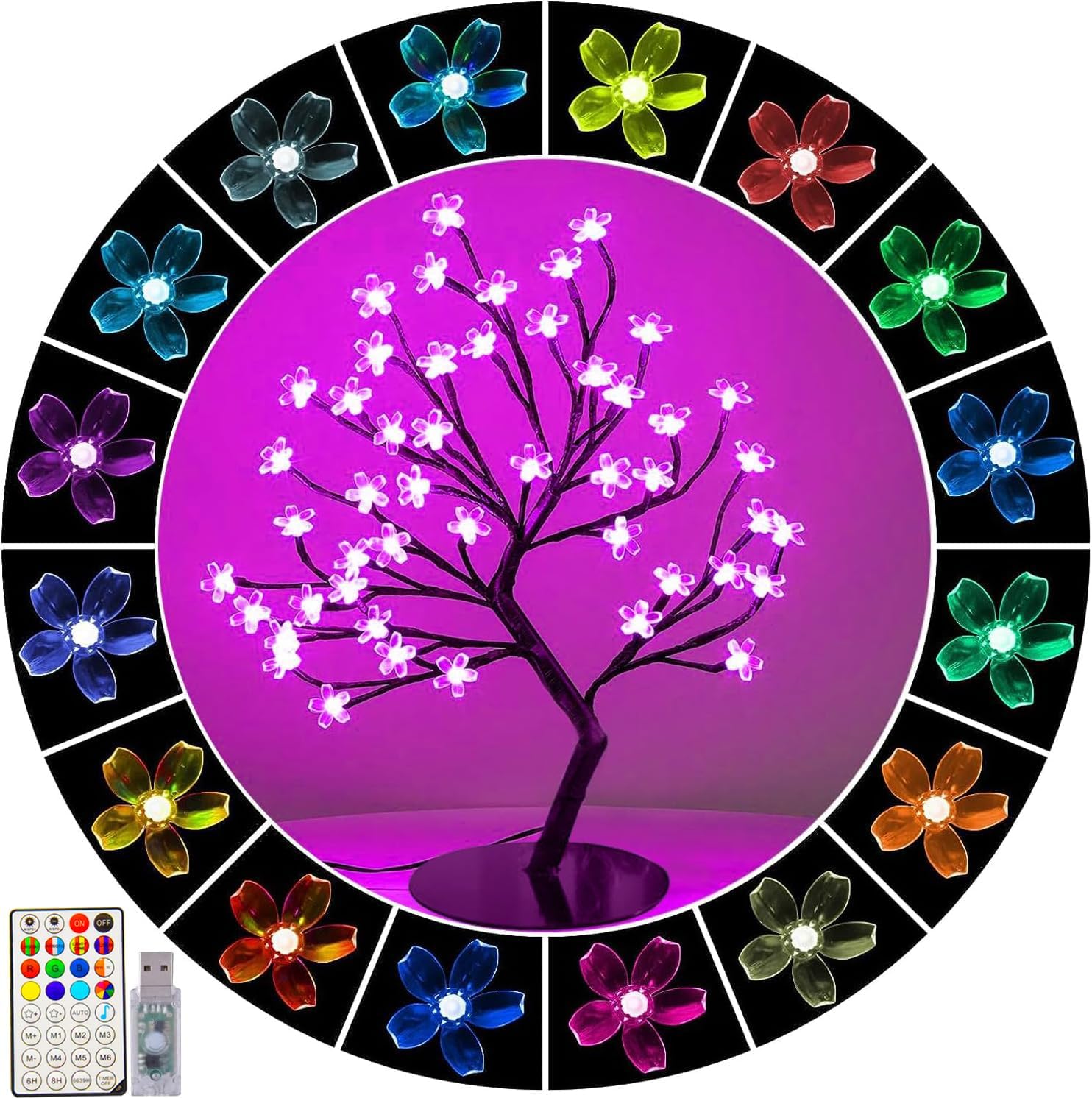 48 LED Cherry Blossom Tree Light, Color-Changing Cherry Flower Lamp，Artificial Bonsai Tree with Remote Lit Centerpieces Christmas Tabletop Night Lights for Halloween Wedding Party Home Decor