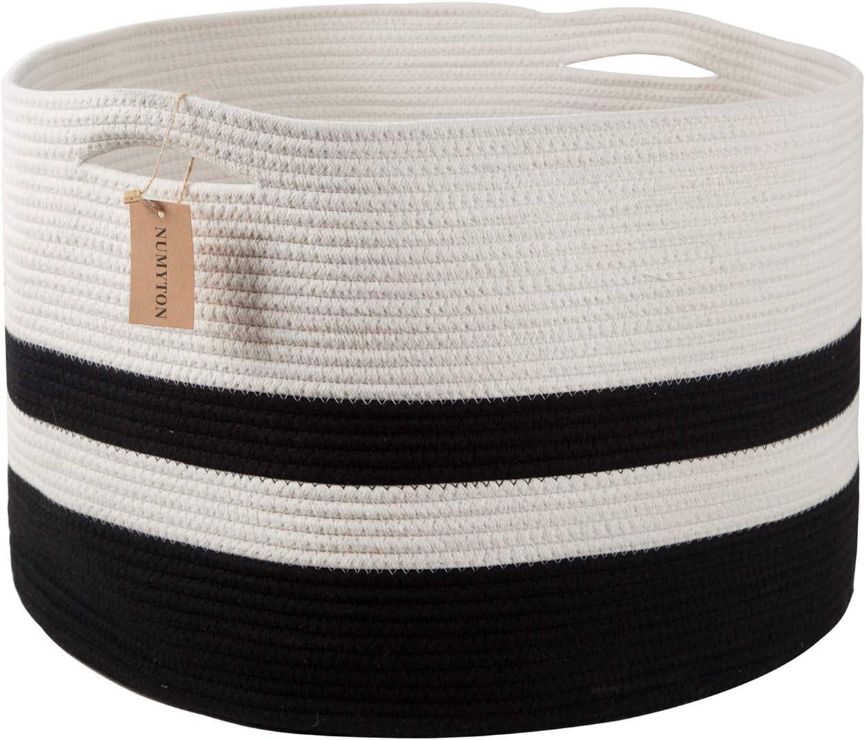 NUMYTONExtra Large Laundry Basket - Large Storage Basket for Blanket - 22" x22"x 14" - Woven Cotton Rope Basket - for Blankets, Toys, Towels, Clothes - White and Black