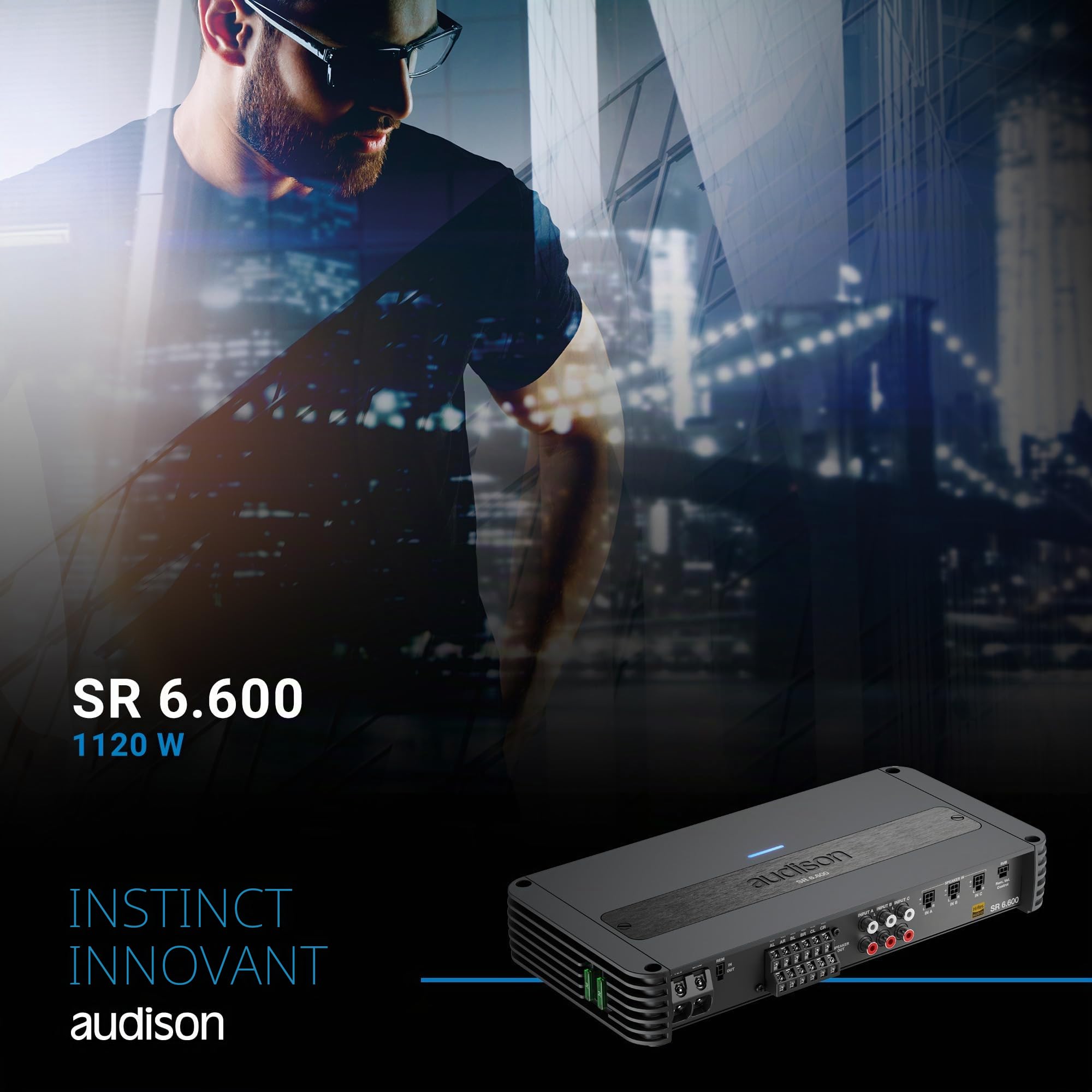 Audison SR 6.600 amplificateur 6 canaux 4x140 W + 2x185 W sous 2 Ohm | classe D, THD 0,05%, S/N 102 dB, filtre réglable, entrées haut et bas niveau, bass boost réglable