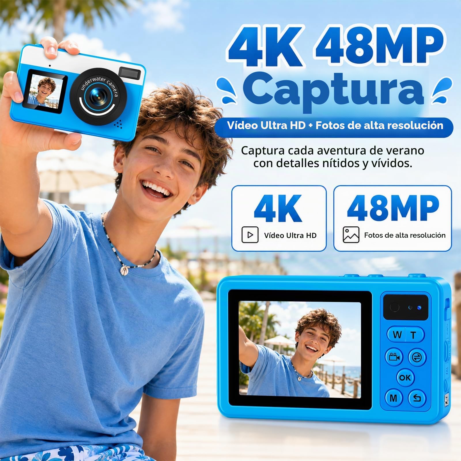 Maxmango D70 Cámara Acuática 4K 48MP, Cámara Impermeable 10FT para Piscina y Playa, Doble Pantalla Autofocus Zoom 18X, Cámara Flotante Regalo para Adolescentes y Principiantes con Tarjeta 16GB, Azul