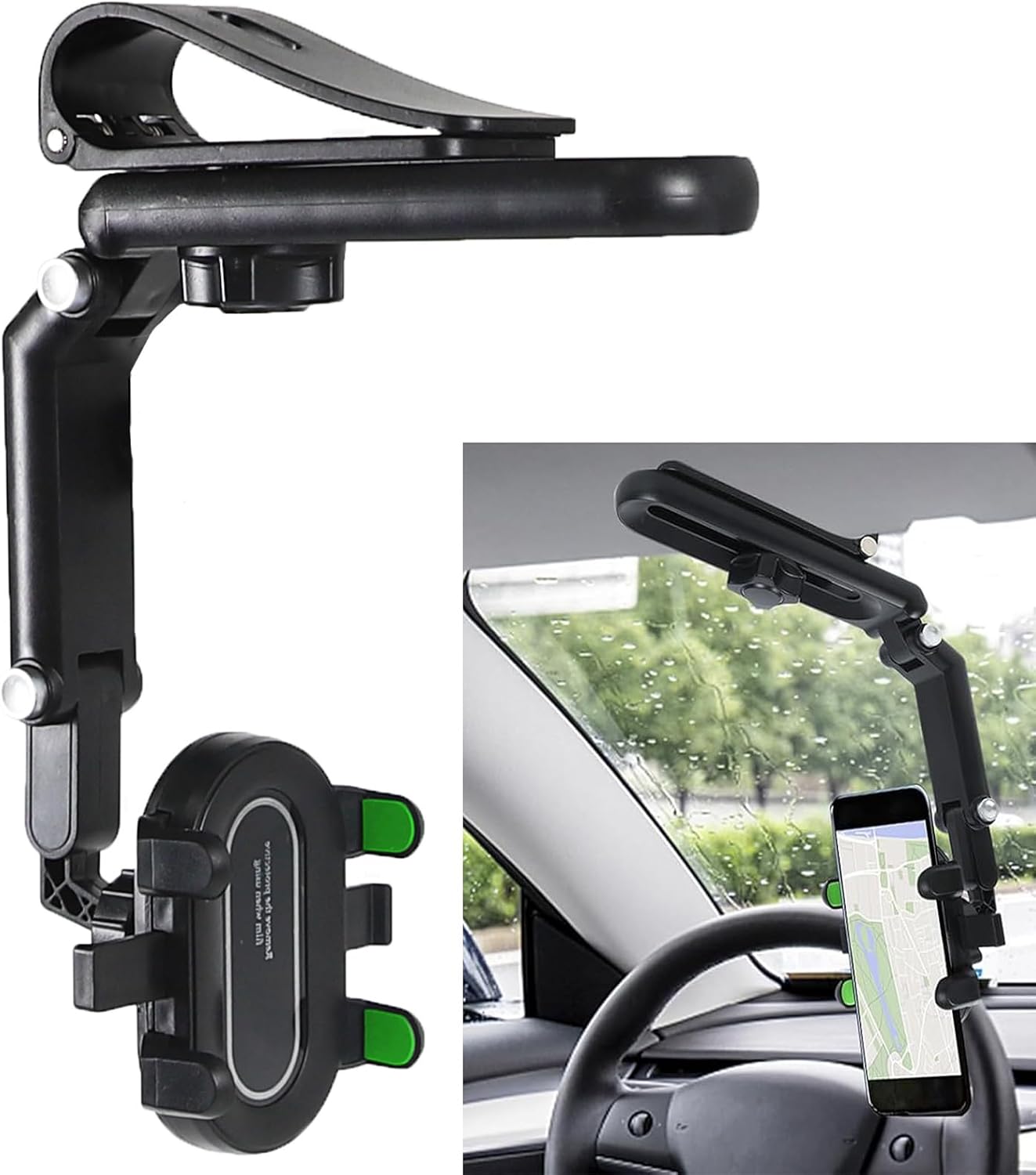 Sun Visor Car Phone Holder, 360° Rotatable Retractable Car Cell Phone Holder, Adjustable Rearview Mirror Phone Mount Clip for Most Smartphones, Universal Car Accessories (Green)