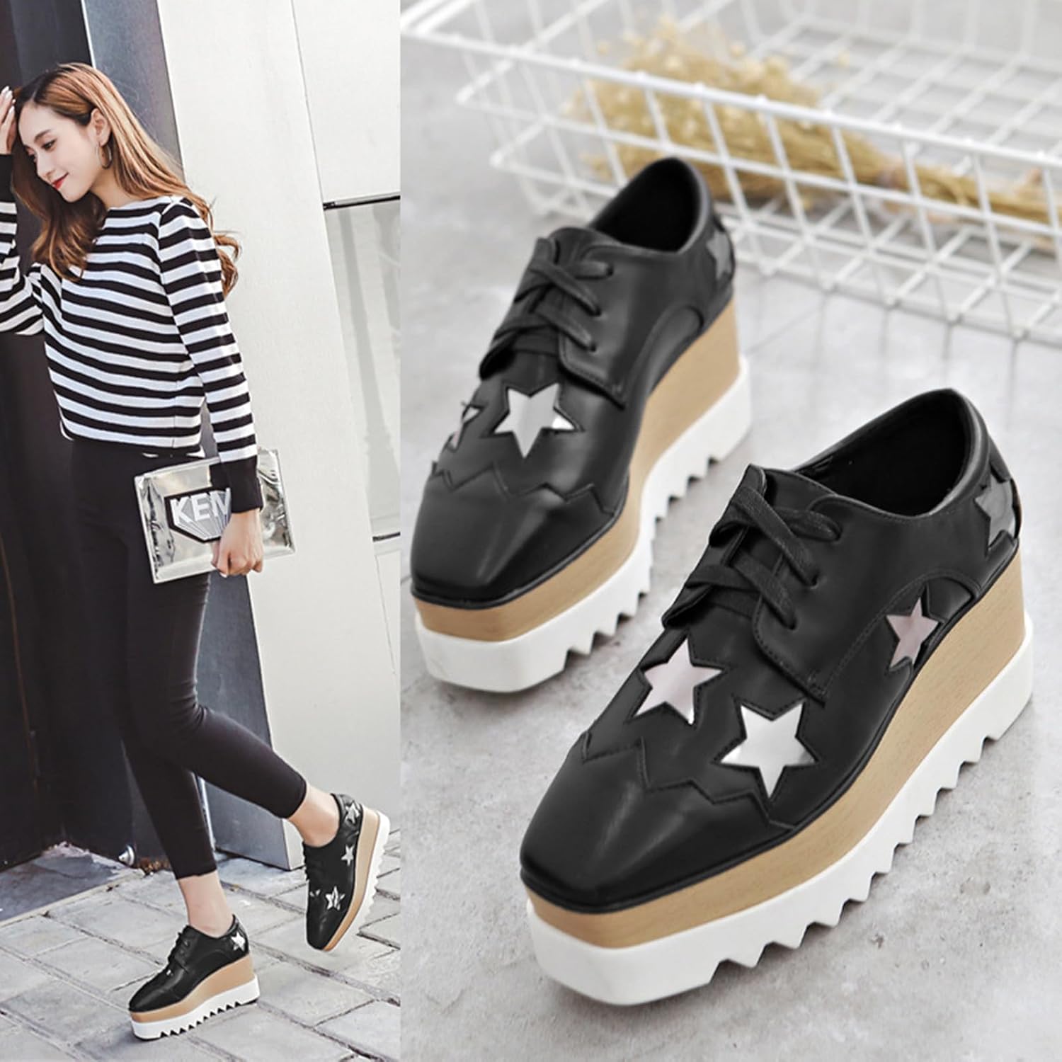 Amtopiyo Women's High Platform Square Toe Trainers Lace-Up Wedge Heel Casual Creepers Shoes - Image 2