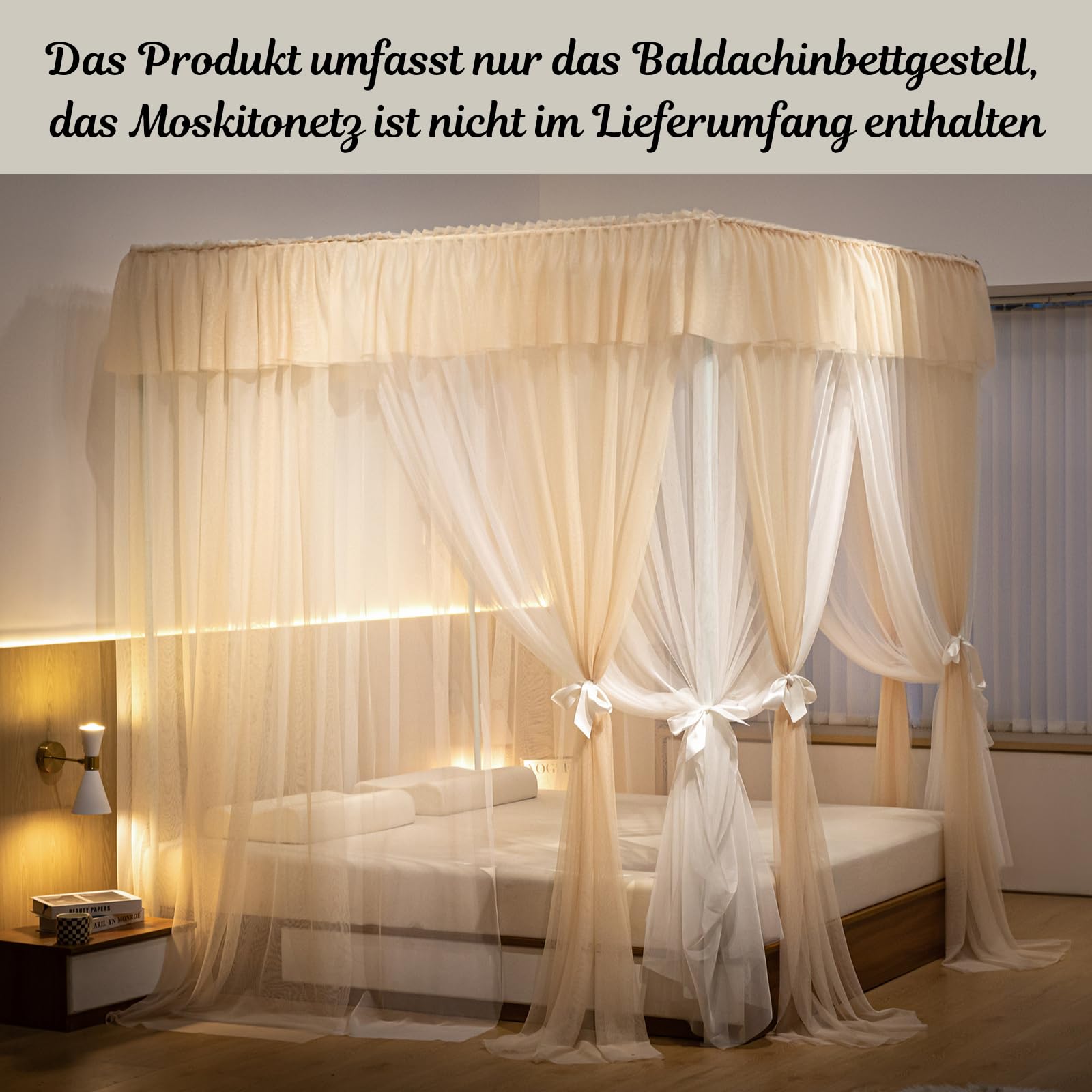 Telaio per letto a baldacchino, bianco, larghezza 200 x lunghezza 200 x altezza 200 cm, quattro poster, telaio per letto in metallo, telaio a quadro, letto angolare, cornice per un letto