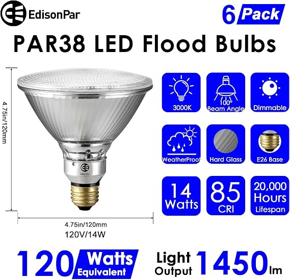 PAR38 Full Glass Commercial Grade LED Light Bulb, 14W120W Equivalent 1450 Lumens 20000 Hours Classic Flood Light Bulbs, Dimmable Warm White 3000K 100Degree Beam Angle T20/CEC Listed, 6-Pack