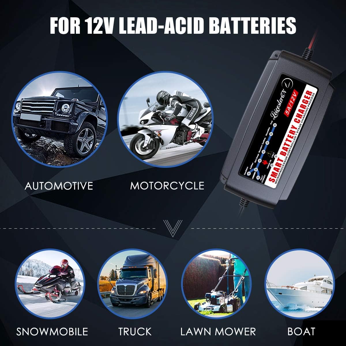 Various vehicles and battery types compatible with the charger