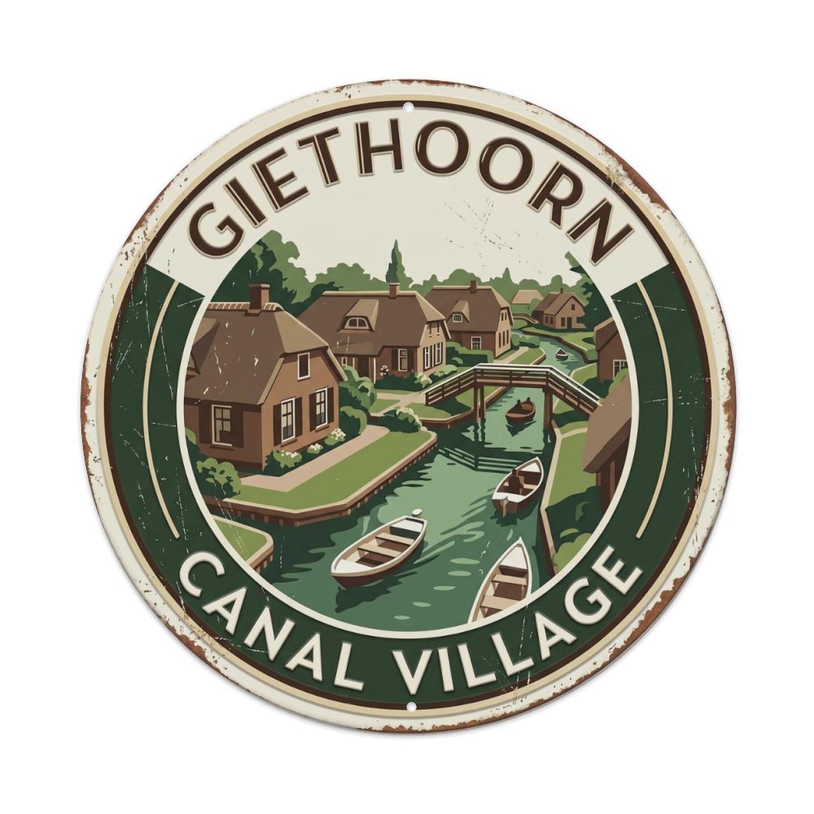 Giethoorn Canal Village Netherlands Waterway Metal Tin Sign Plaque Wall Decor for Cafe, Club, Garden Round Metal Poster 8x8Inch