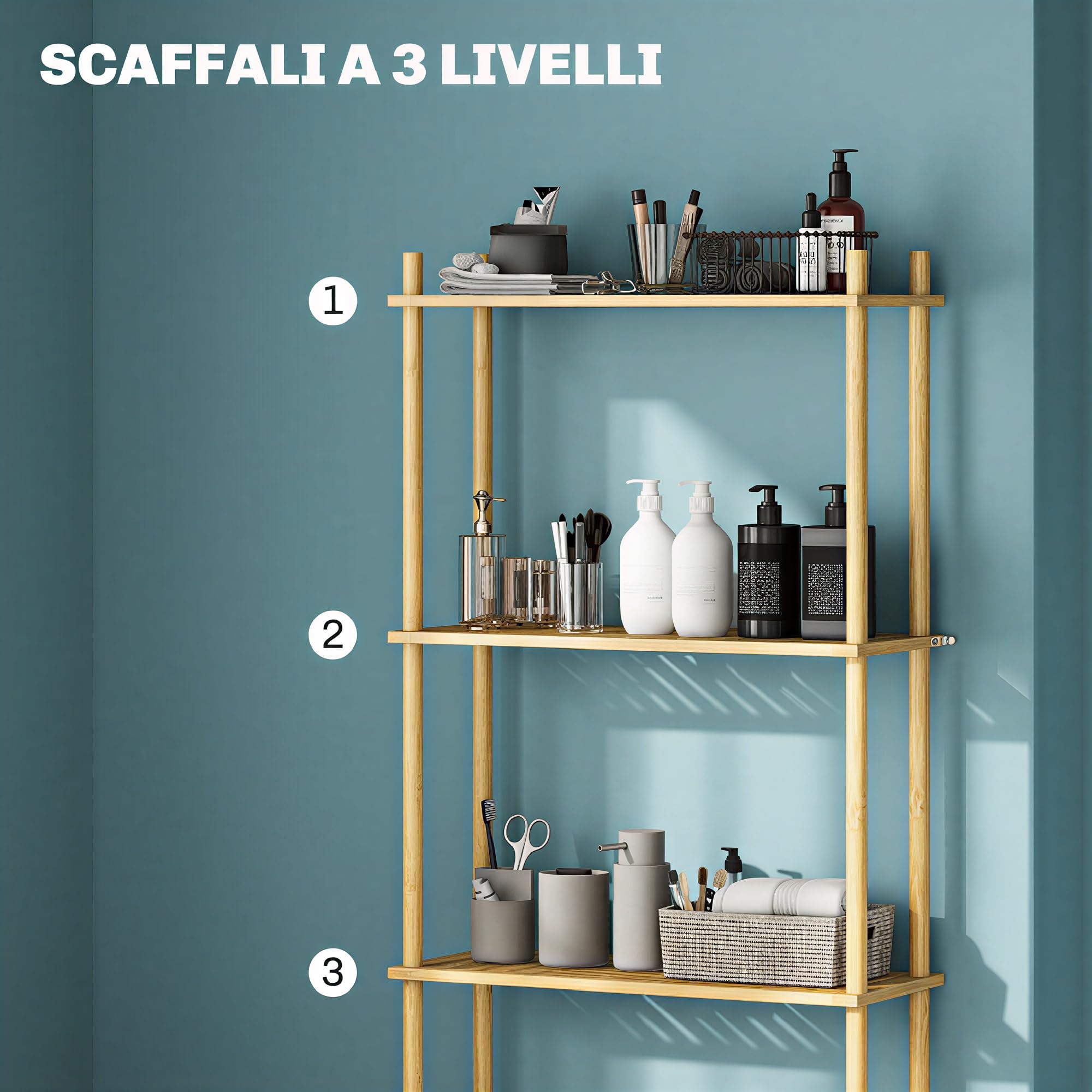 HOMCOM Scaffale da Bagno Sopra WC a 3 Ripiani, Mensola Portaoggetti Salvaspazio in Bambù, Mobile Sopra Lavatrice per Lavanderia con Piedini Regolabili, Colore Naturale