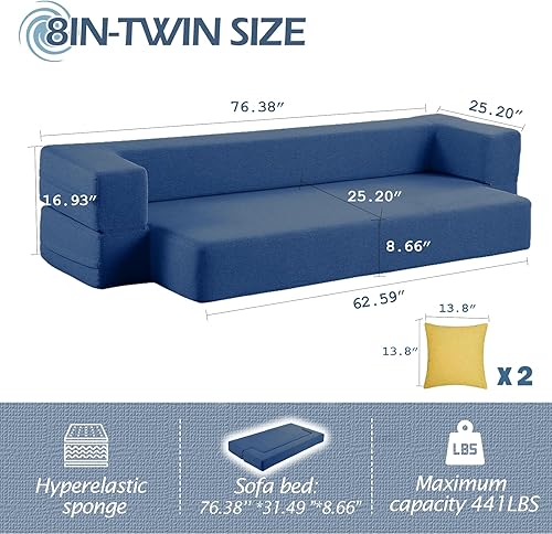 Miniatura 2 de Uspobve Sofá futón de suelo, sofá cama plegable, sofá cama convertible, sofá cama de tela para espacios pequeños, colchón de cama individual con