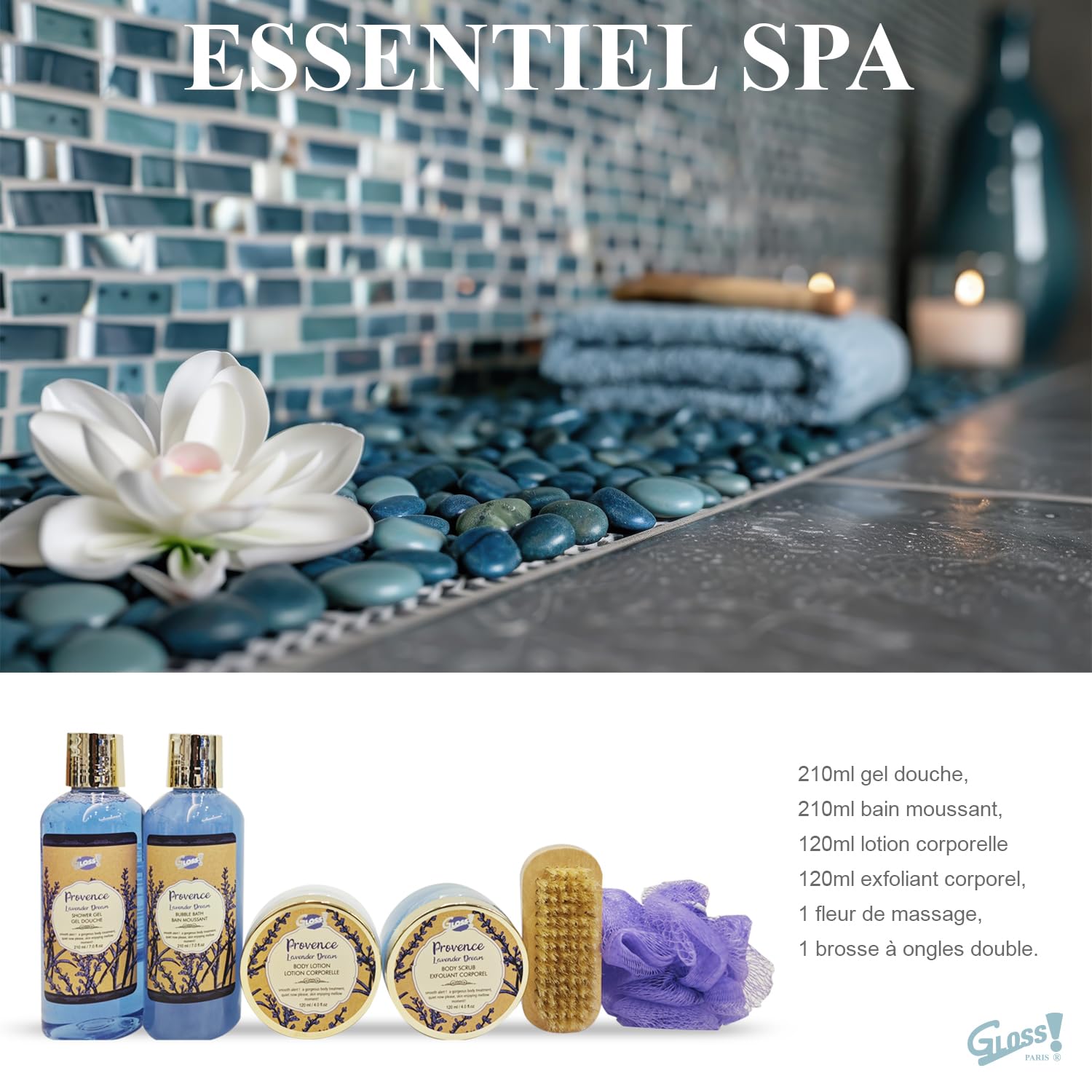 GLOSS ! LAVANDE – zestaw kąpielowy dla kobiet – produkty kosmetyczne i wellness – relaksująca pielęgnacja – zestaw upominkowy na urodziny, Boże Narodzenie, dla nauczycielki, na Walentynki, Dzień Matki