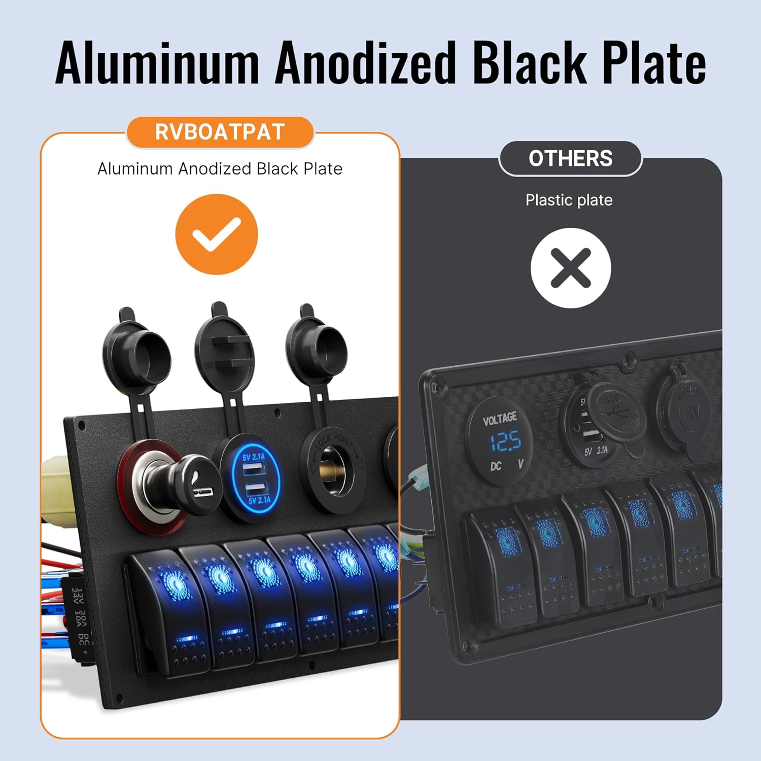 Marine Boat Switch Panel Waterproof 8 Gang 12V Rocker Switch Panel 12 Volt Toggle Switch Panel Blue LED Lighted for Automotive Car Truck